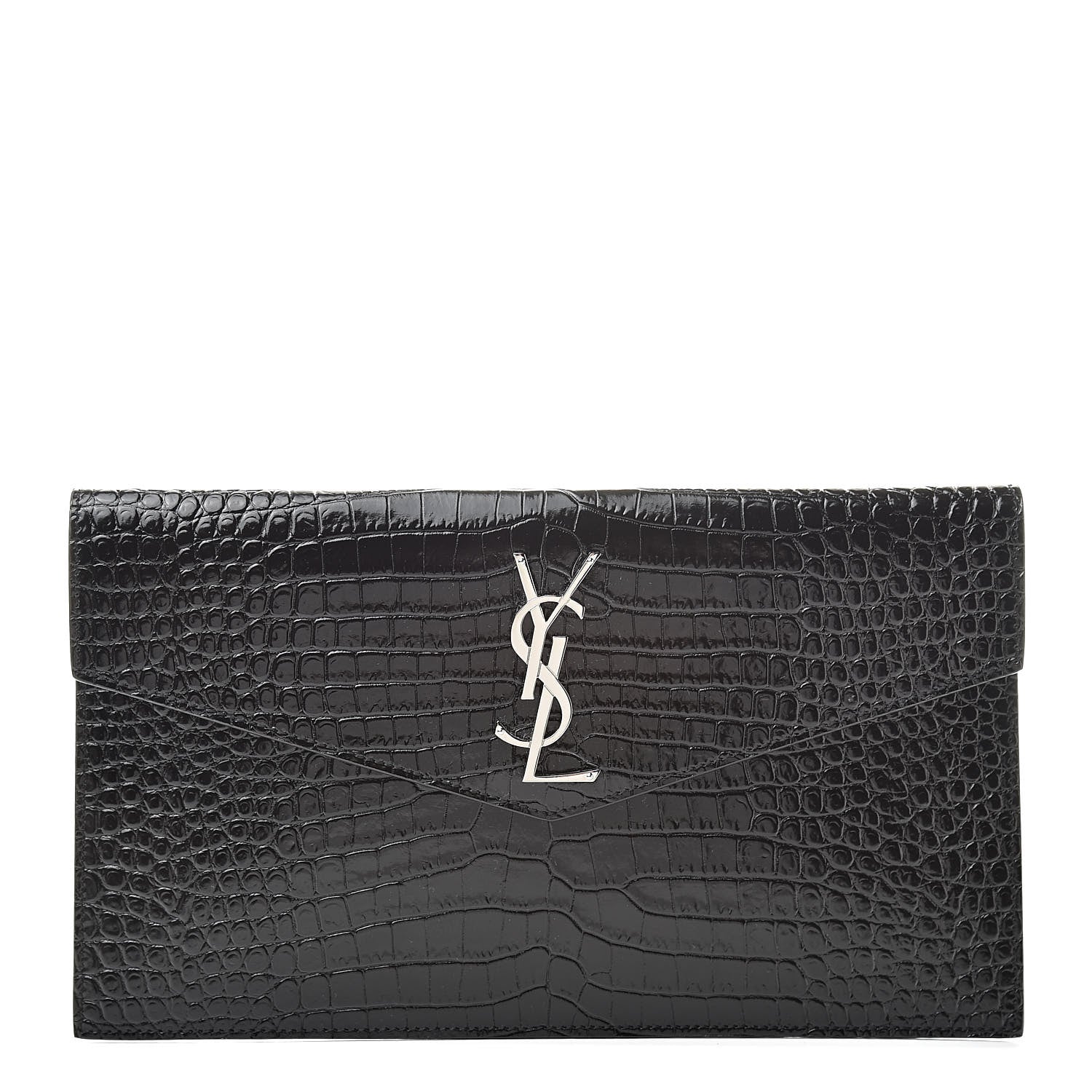 Saint Laurent Calfskin Crocodile Embossed Uptown Monogram Clutch Black 1 of 8