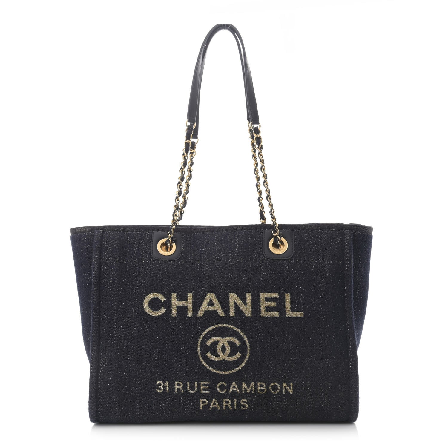 Chanel Lurex Canvas Small Deauville Tote Navy Blue Gold 1 of 12