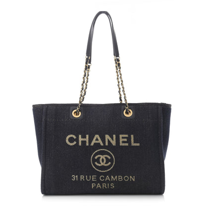 Chanel Lurex Canvas Small Deauville Tote Navy Blue Gold 1 of 12