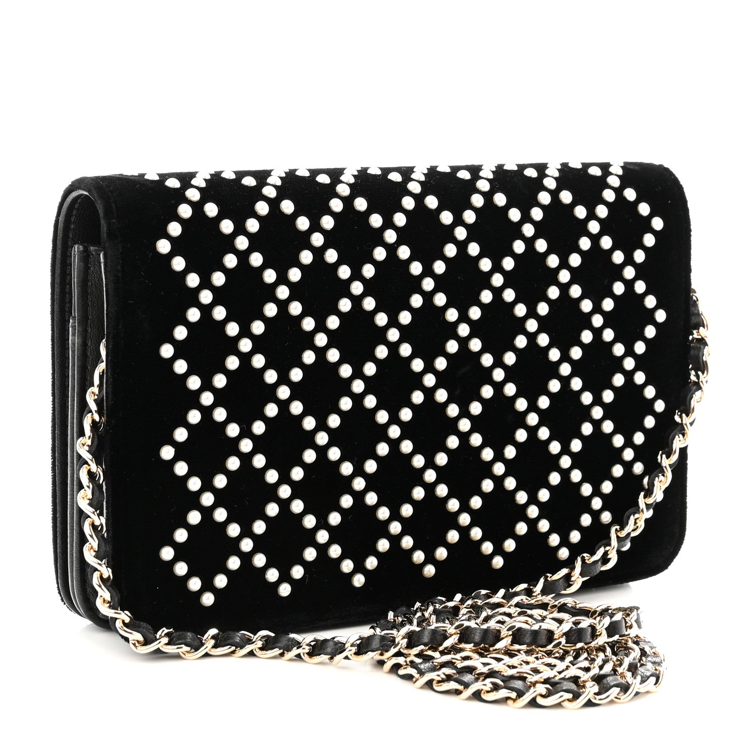 Chanel Velvet Pearl Diamond Embellished Wallet On Chain WOC Black 3 of 11