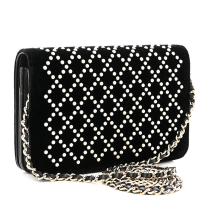 Chanel Velvet Pearl Diamond Embellished Wallet On Chain WOC Black 3 of 11