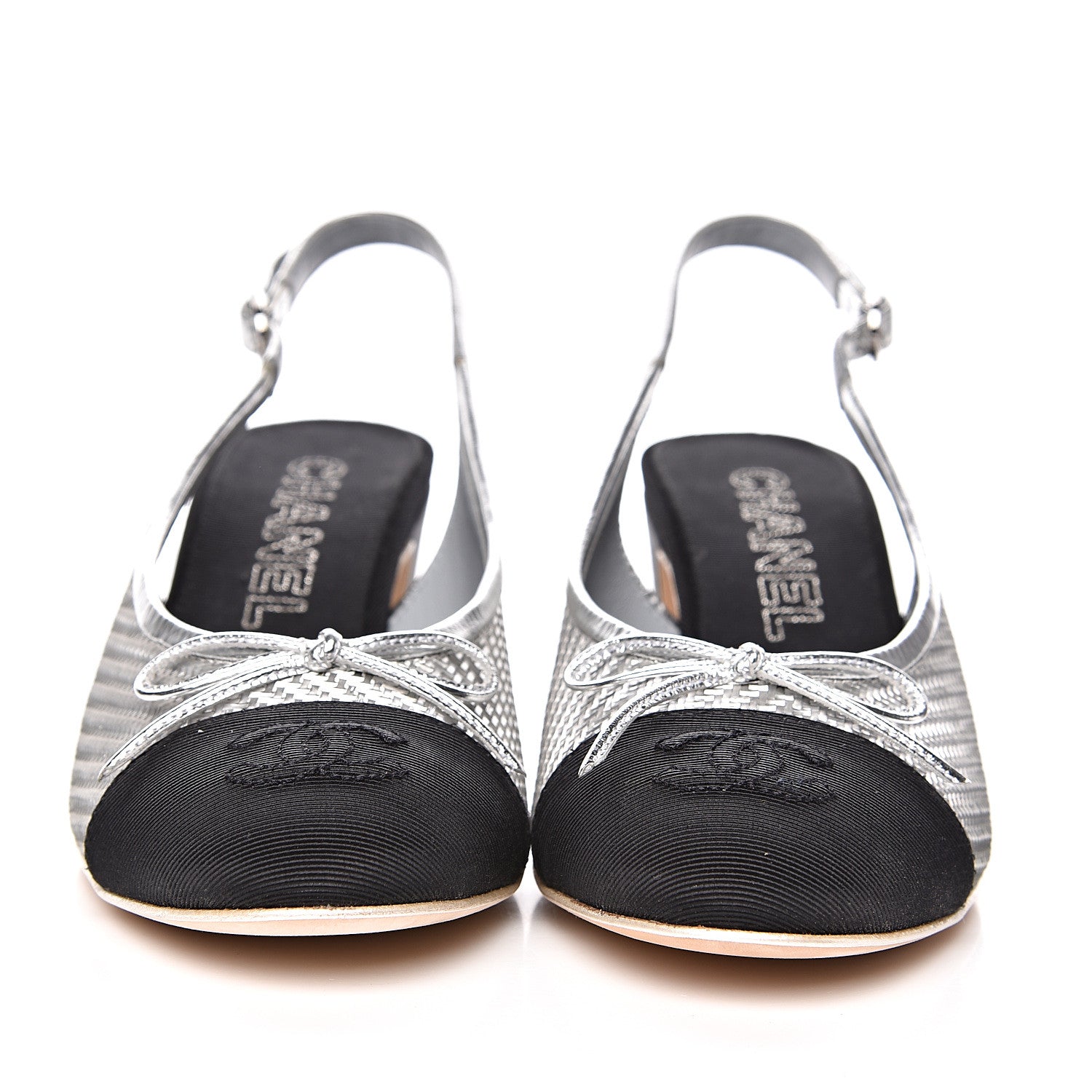 Chanel Woven Plastic Grosgrain Cap Toe CC Slingback Pumps 38 Black Silver 2 of 10