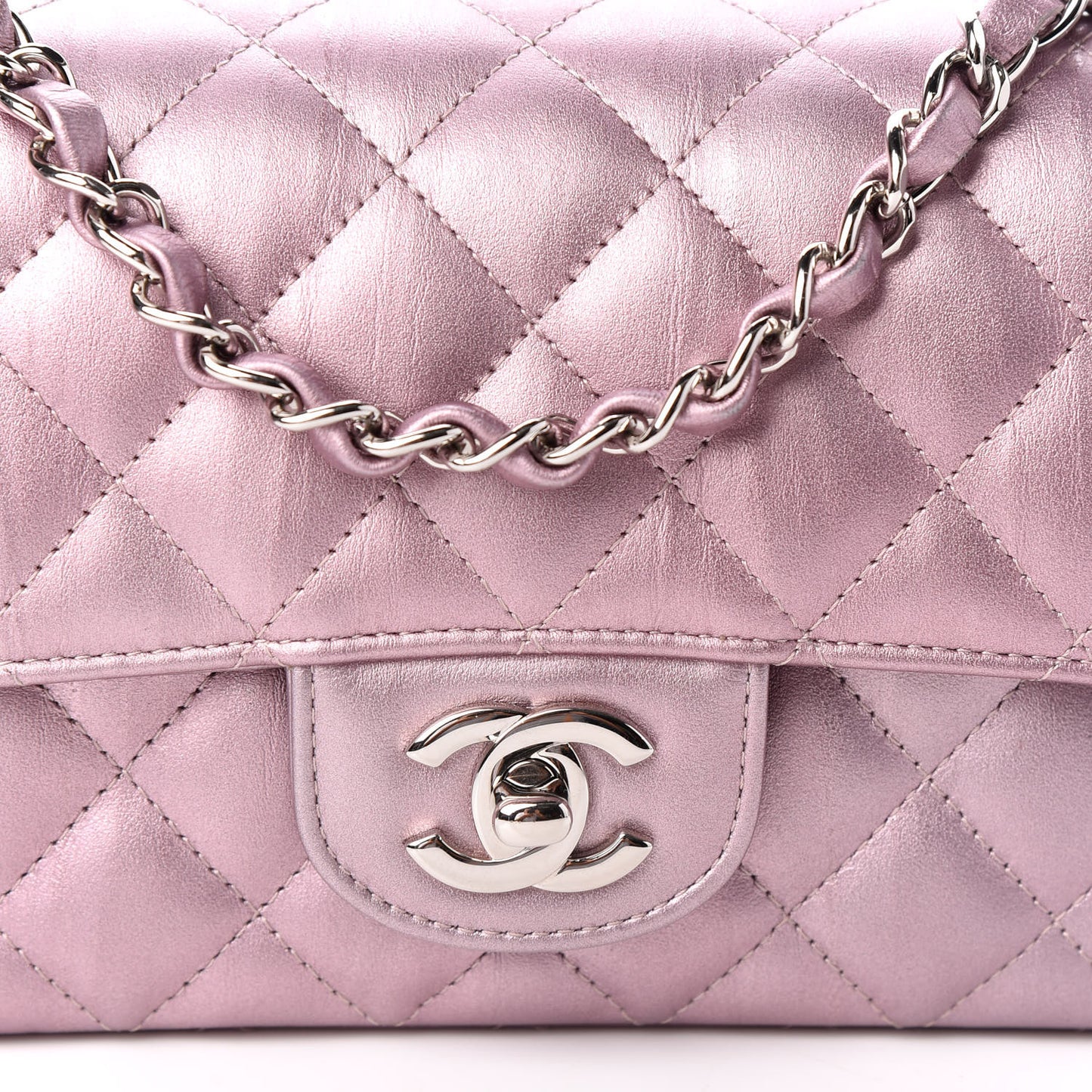 Metallic Calfskin Quilted Mini Rectangular Flap Pink