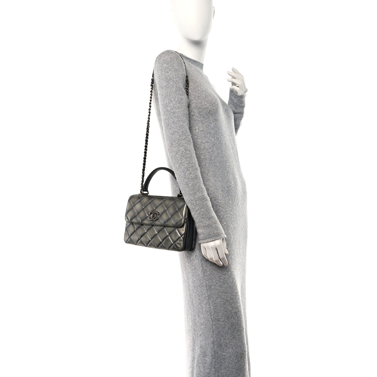 Metallic Faded Calfskin Quilted Small Trendy CC Dual Handle Flap Bag Silver Gold