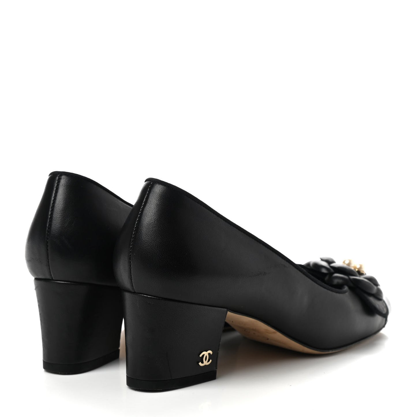 Lambskin Patent Calfskin Pearl Camellia Cap Toe Pumps 36.5 Black