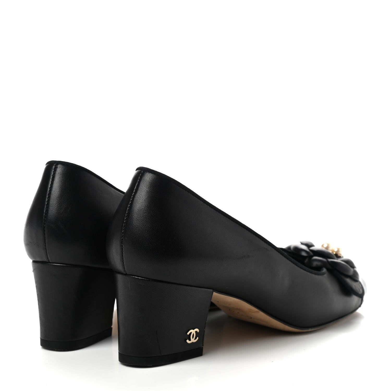 Chanel Lambskin Patent Calfskin Pearl Camellia Cap Toe Pumps 36.5 Black 4 of 9