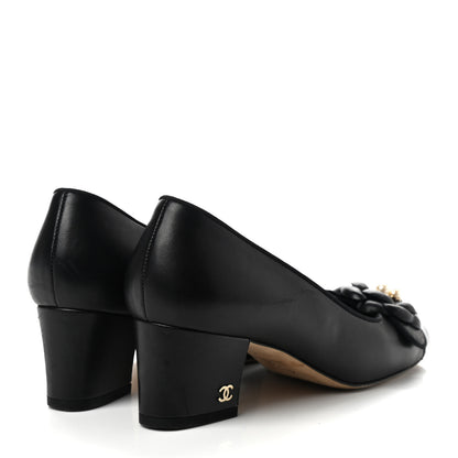Chanel Lambskin Patent Calfskin Pearl Camellia Cap Toe Pumps 36.5 Black 4 of 9