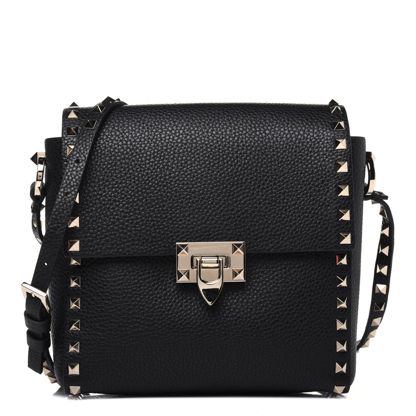 Pebbled Calfskin Rockstud Flip Lock Flap Messenger Black