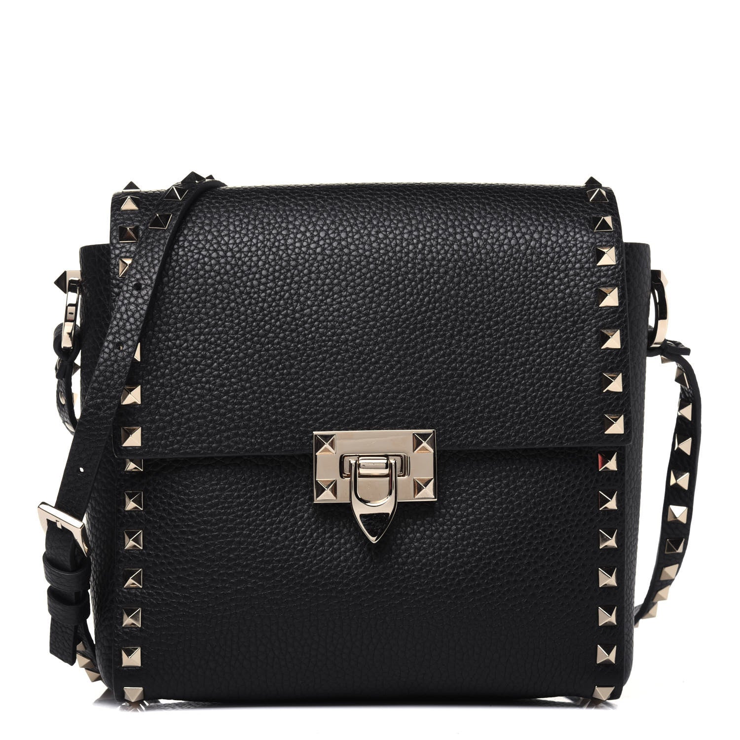 Valentino Garavani Pebbled Calfskin Rockstud Flip Lock Flap Messenger Black 1 of 17