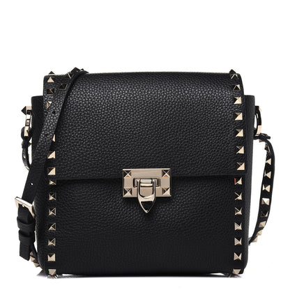 Valentino Garavani Pebbled Calfskin Rockstud Flip Lock Flap Messenger Black 1 of 17