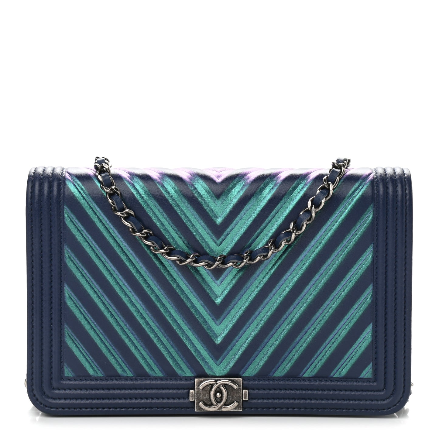 Calfskin Painted Chevron Embossed Boy Wallet On Chain WOC Navy