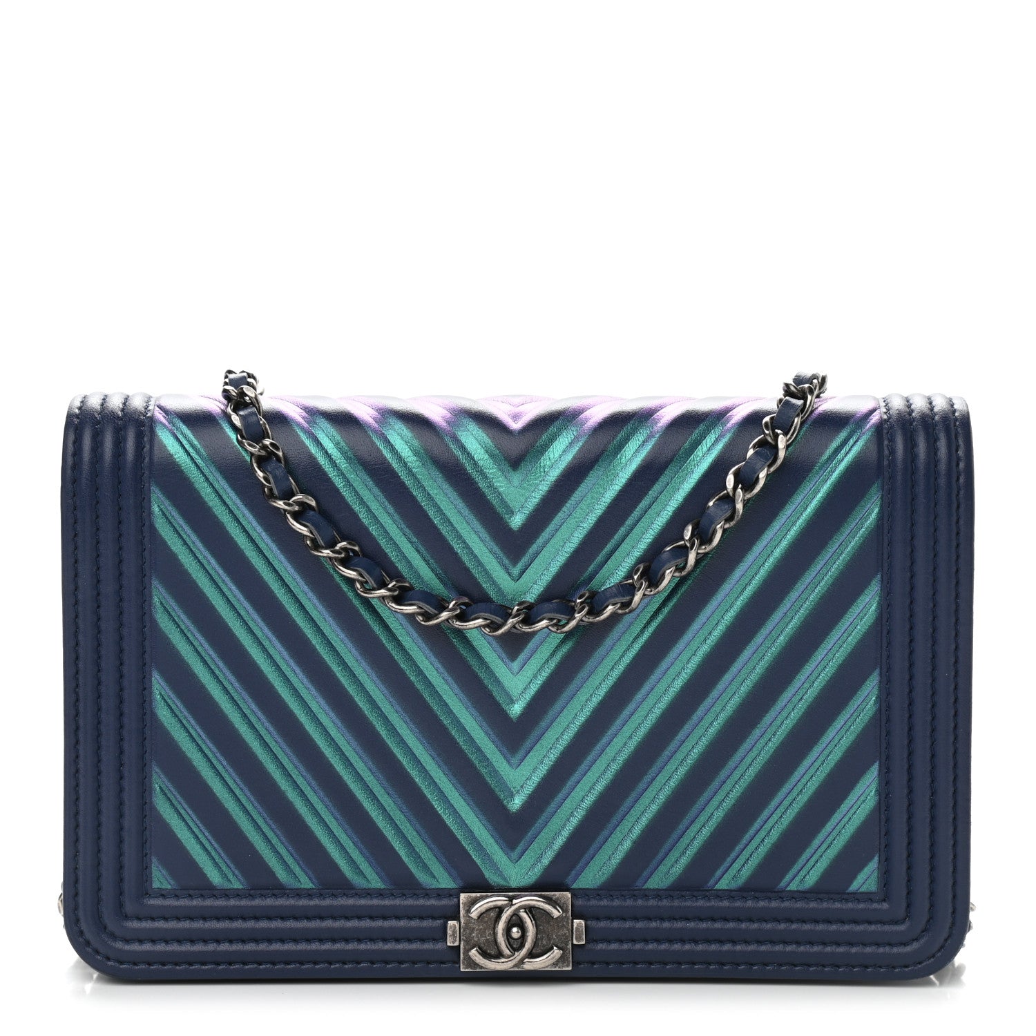 Chanel Calfskin Painted Chevron Embossed Boy Wallet On Chain WOC Navy 1 of 10