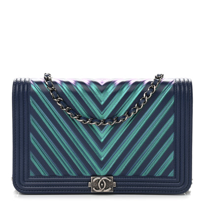 Chanel Calfskin Painted Chevron Embossed Boy Wallet On Chain WOC Navy 1 of 10