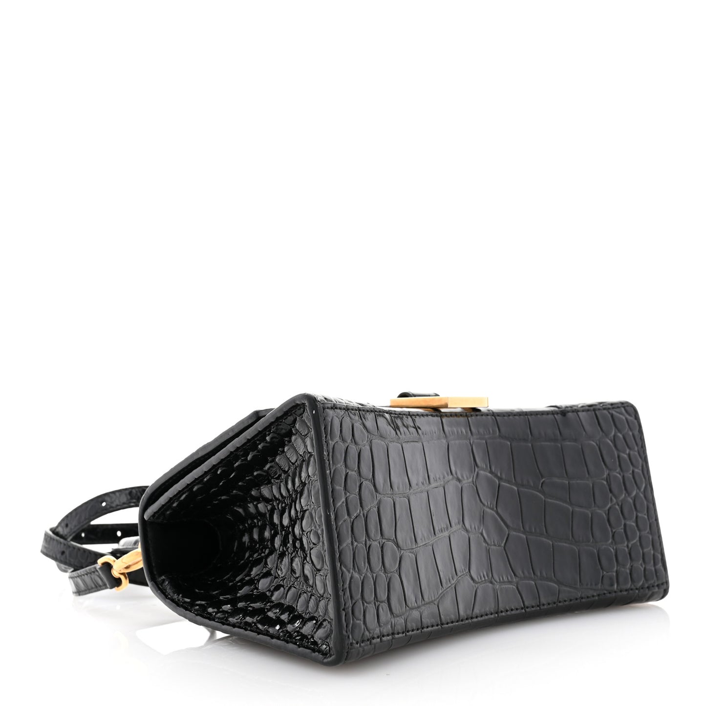 Shiny Calfskin Crocodile Embossed Small Hourglass Top Handle Bag Black