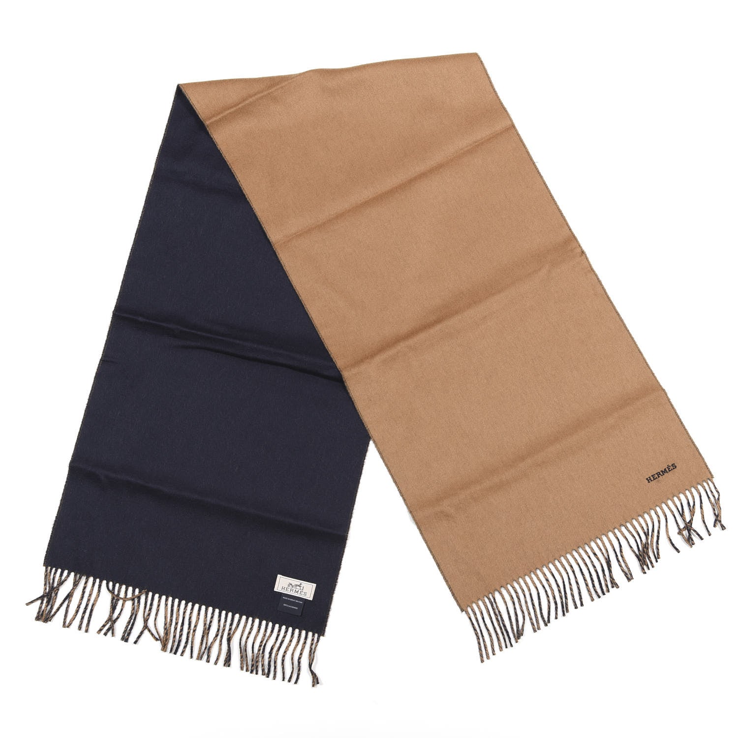 Hermes Cashmere Recto Verso Muffler Camel Marine 2 of 4