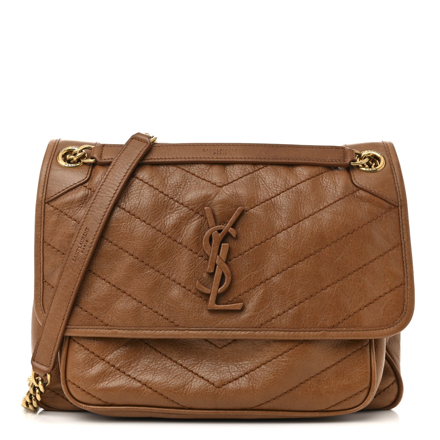 Crinkled Calfskin Matelasse Monogram Medium Niki Chain Satchel Caramel