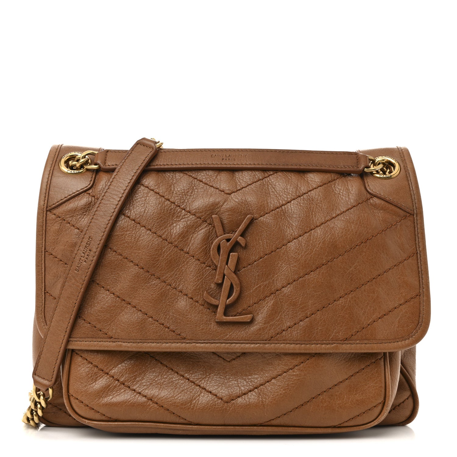 Saint Laurent Crinkled Calfskin Matelasse Monogram Medium Niki Chain Satchel Caramel 1 of 17