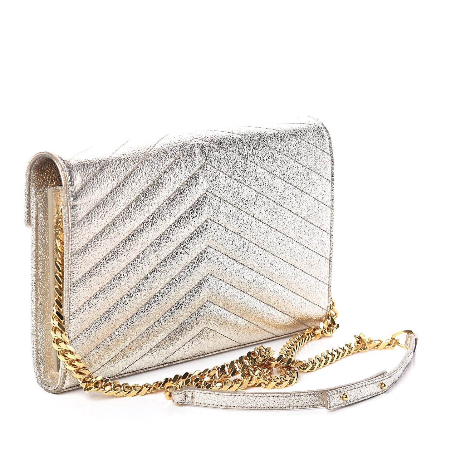 Metallic Crackled Calfskin Matelasse Chevron Monogram Chain Wallet Gold