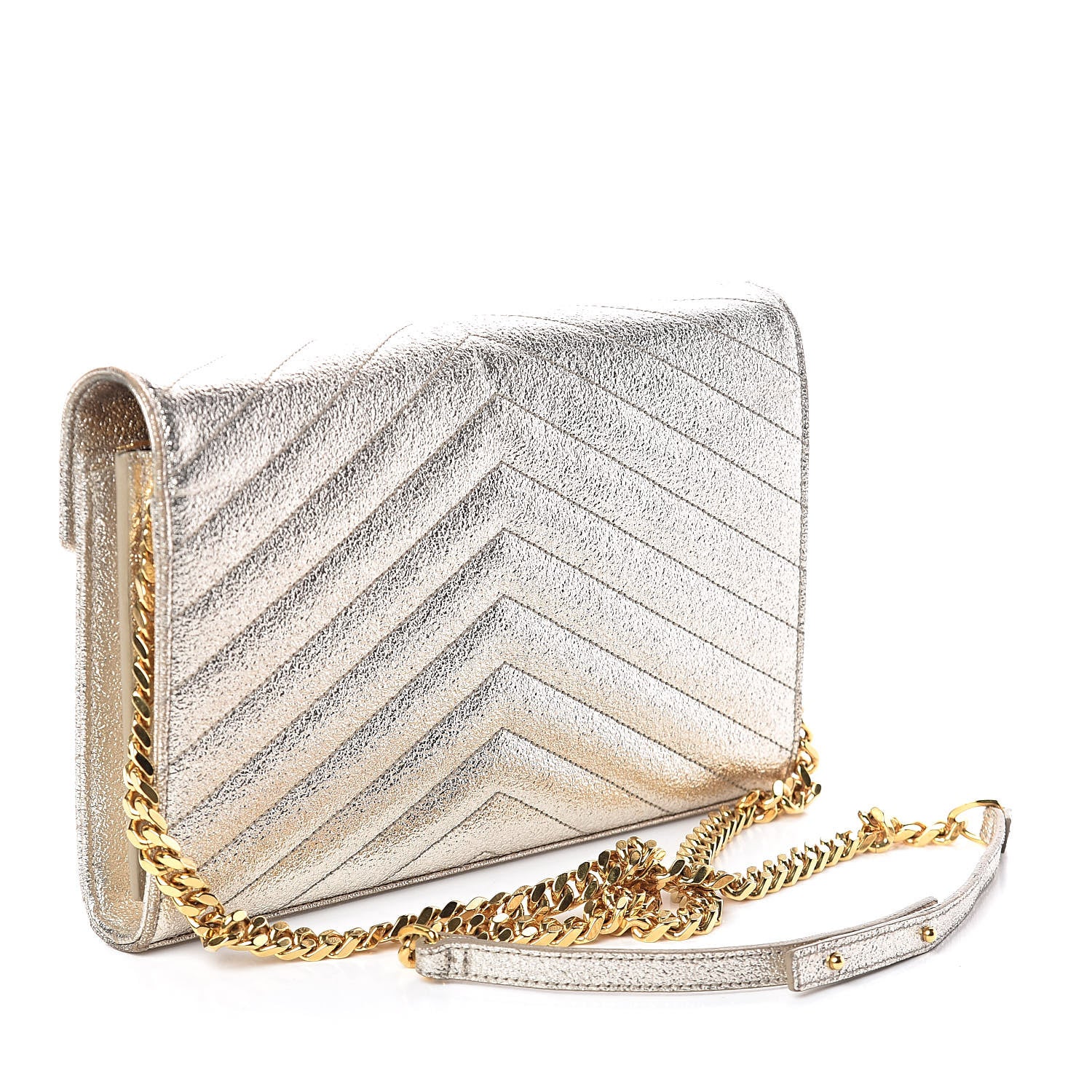 Saint Laurent Metallic Crackled Calfskin Matelasse Chevron Monogram Chain Wallet Gold 3 of 8