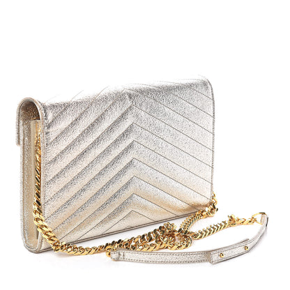 Saint Laurent Metallic Crackled Calfskin Matelasse Chevron Monogram Chain Wallet Gold 3 of 8