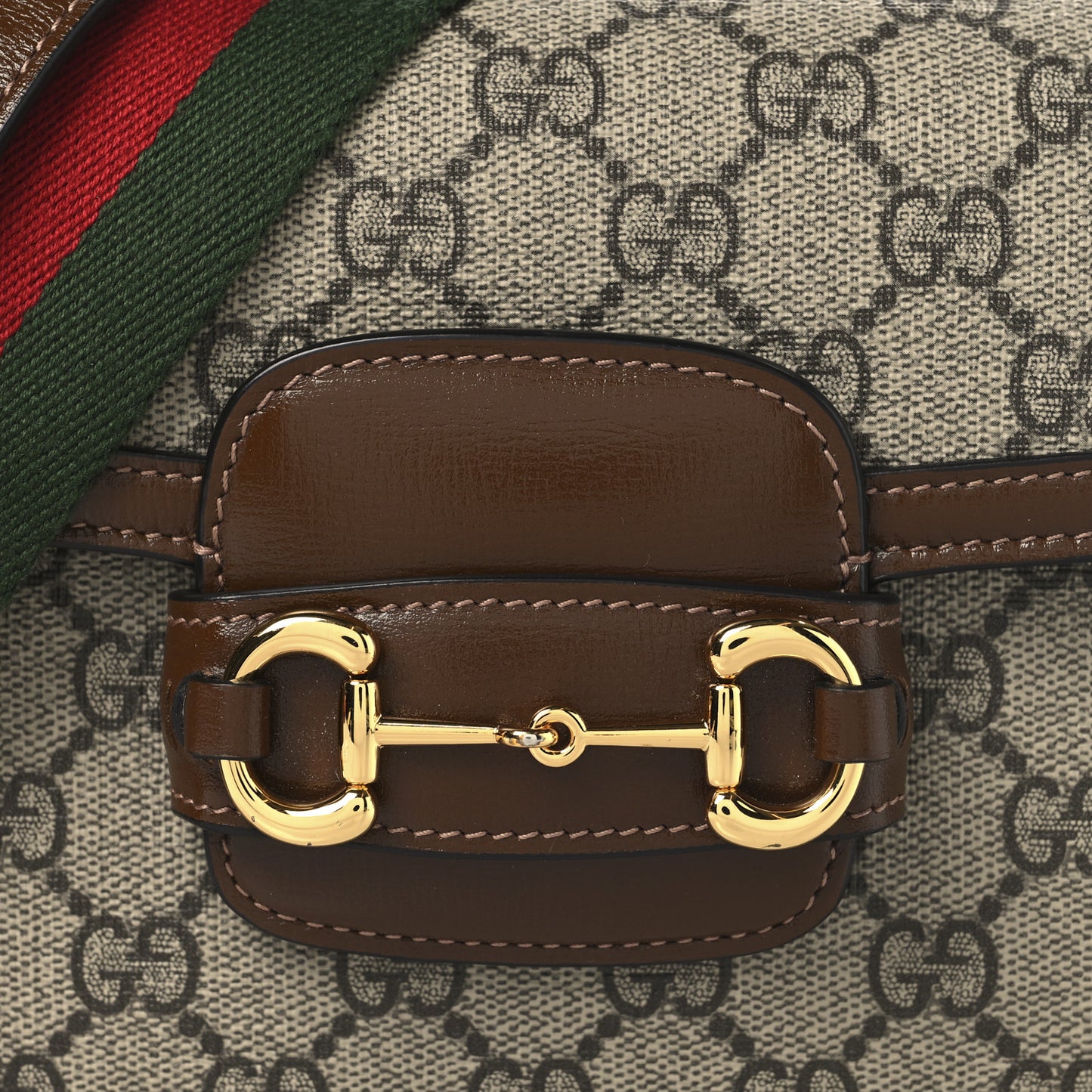 GG Supreme Monogram Web Mini Horsebit 1955 Shoulder Bag Beige Brown Sugar