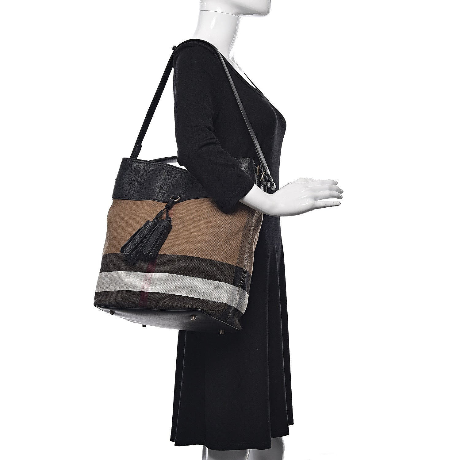 Burberry Grainy Calfskin Canvas Mega Check Medium Ashby Tassel Hobo Black 2 of 9