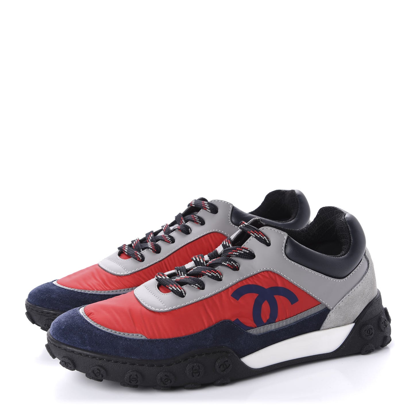 Nylon Calfskin Suede Womens CC Sneakers 37.5 Red Grey Navy