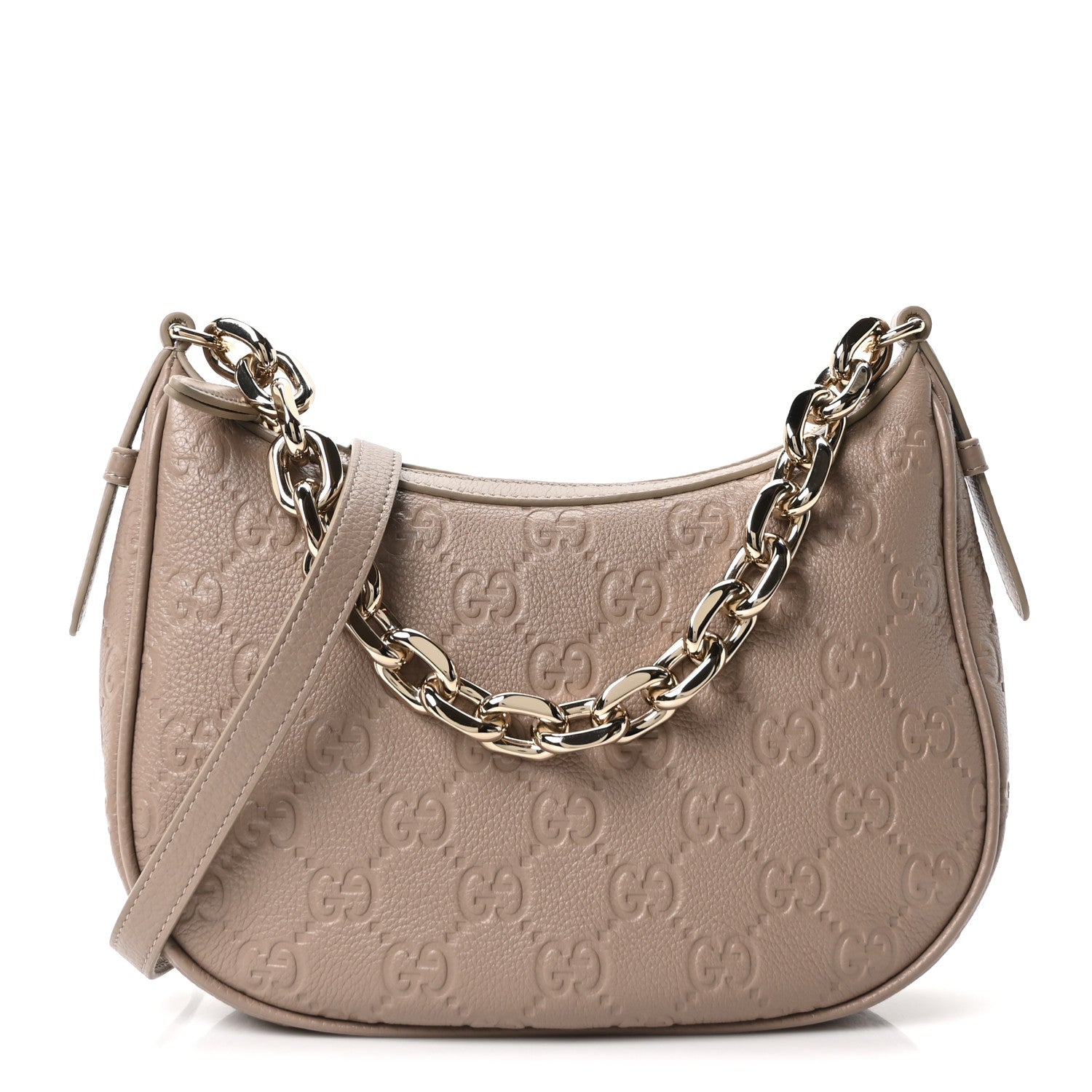 Gucci GG Grainy Calfskin Emblem Medium Half Moon Shoulder Bag Taupe 1 of 11