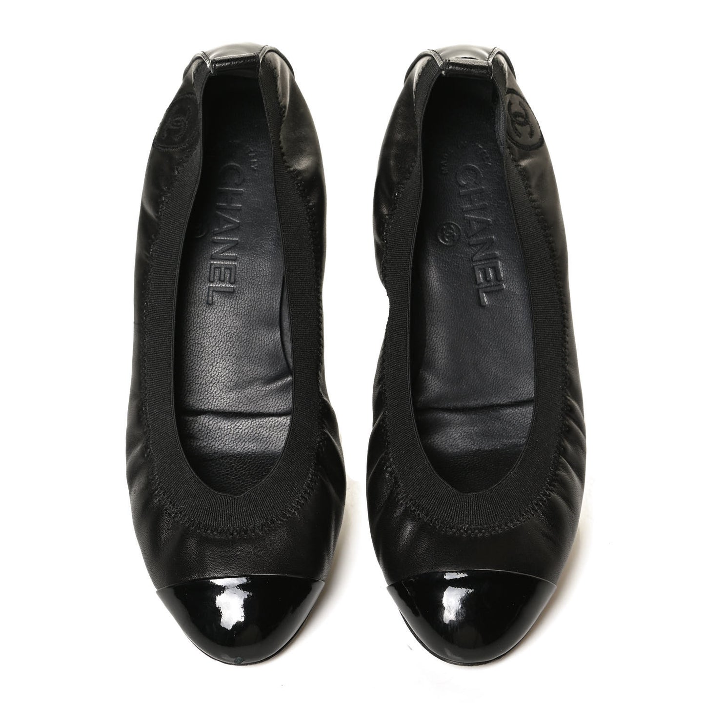 Lambskin Patent CC Elastic Cap Toe Ballerina Flats 35.5 Black