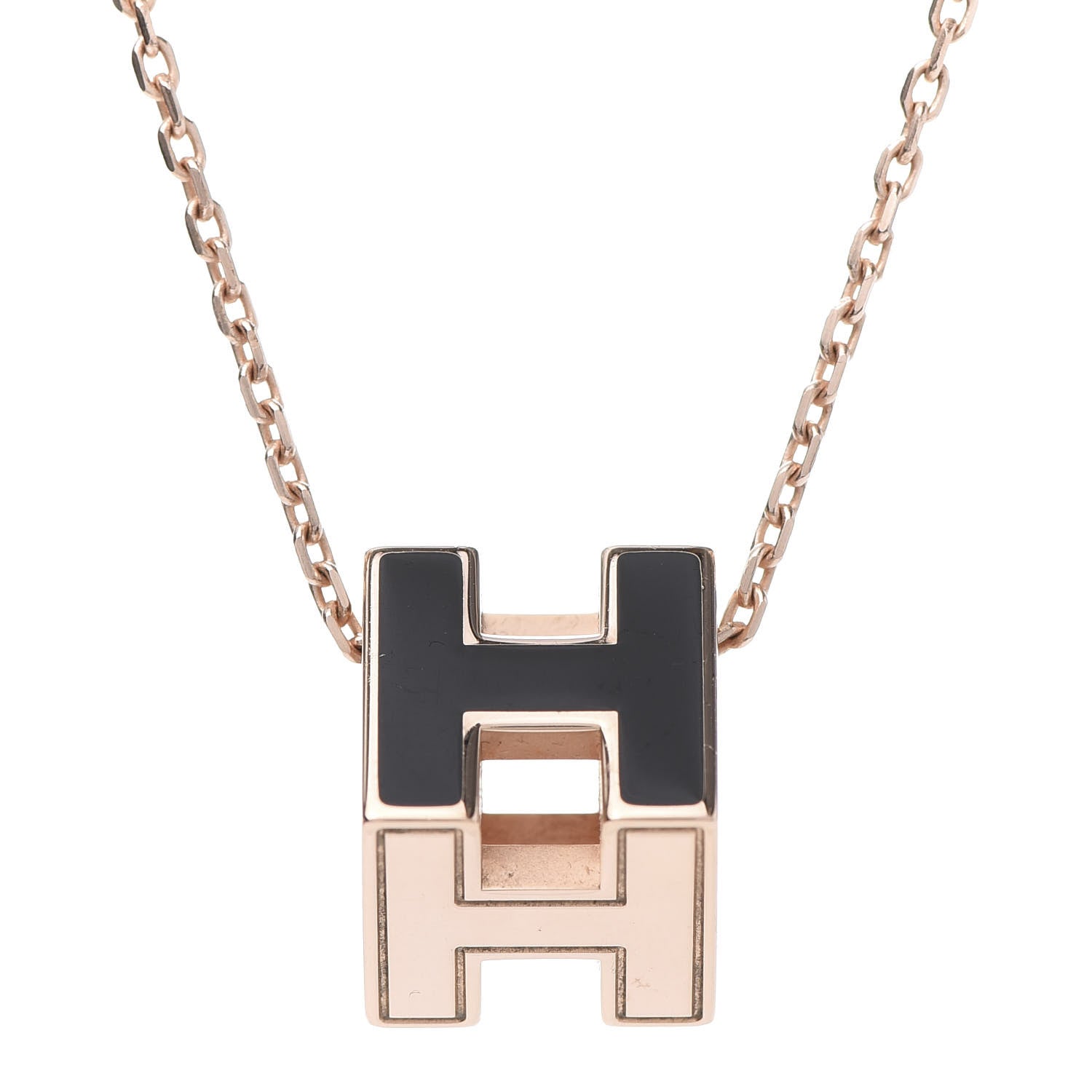 Hermes Rose Gold Lacquered Cage d'H Pendant Necklace Black 3 of 6
