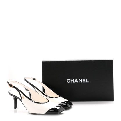 Chanel Lambskin Patent Calfskin Cap Toe CC Slingback Pumps 38 White Black 10 of 10