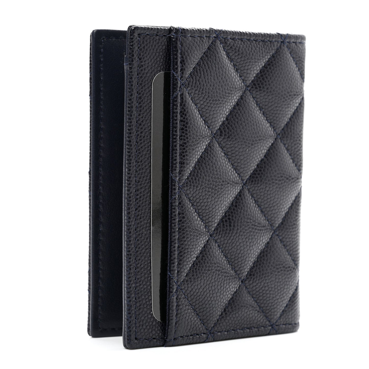 Caviar Quilted Card Holder Wallet Navy