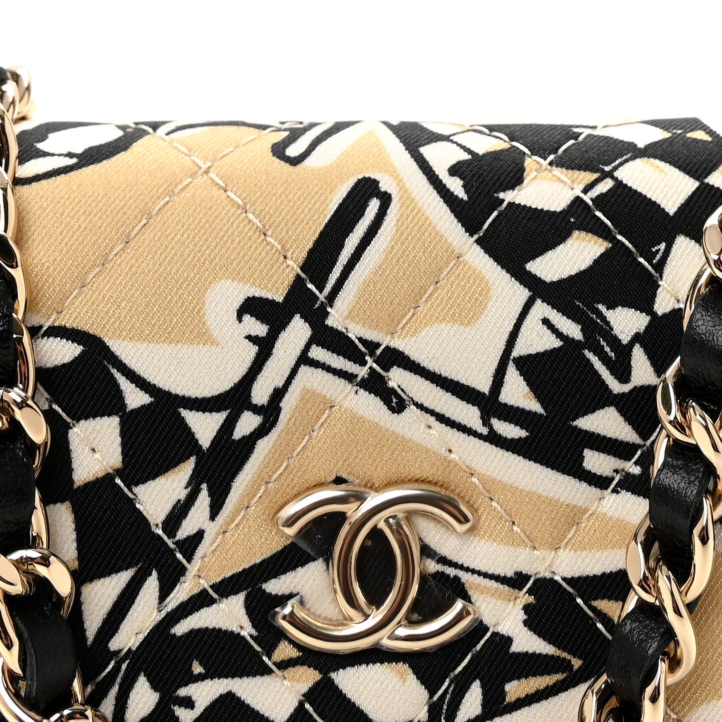 Canvas Check Flag Printed CC Clutch With Chain Beige Multicolor