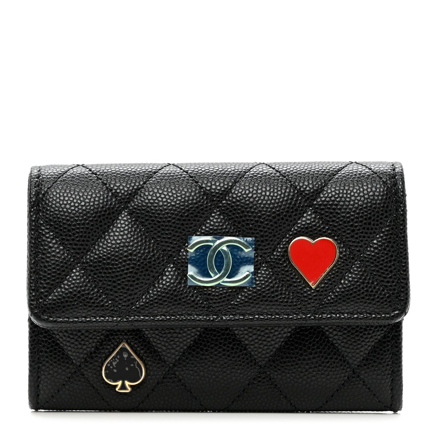 Caviar Quilted Enamel Coco Casino Flap Card Holder Wallet Black