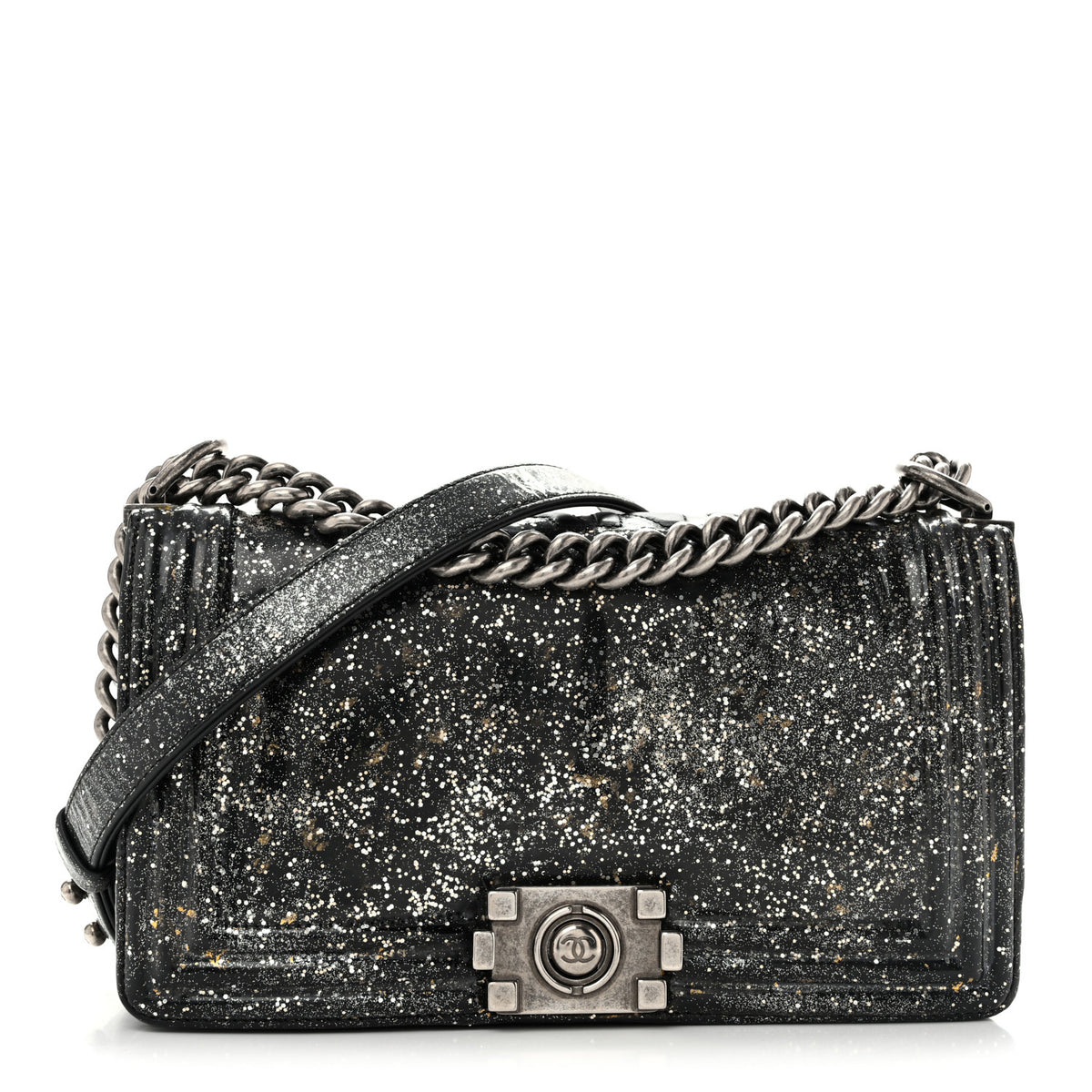 Glitter Glazed Calfskin Medium Boy Flap Black