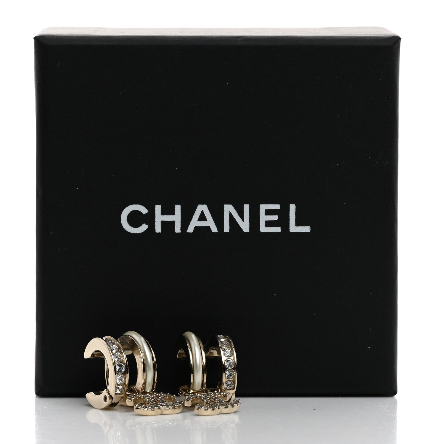 Chanel Crystal CC Hoop Drop Earrings Gold Pearly White 5 of 5