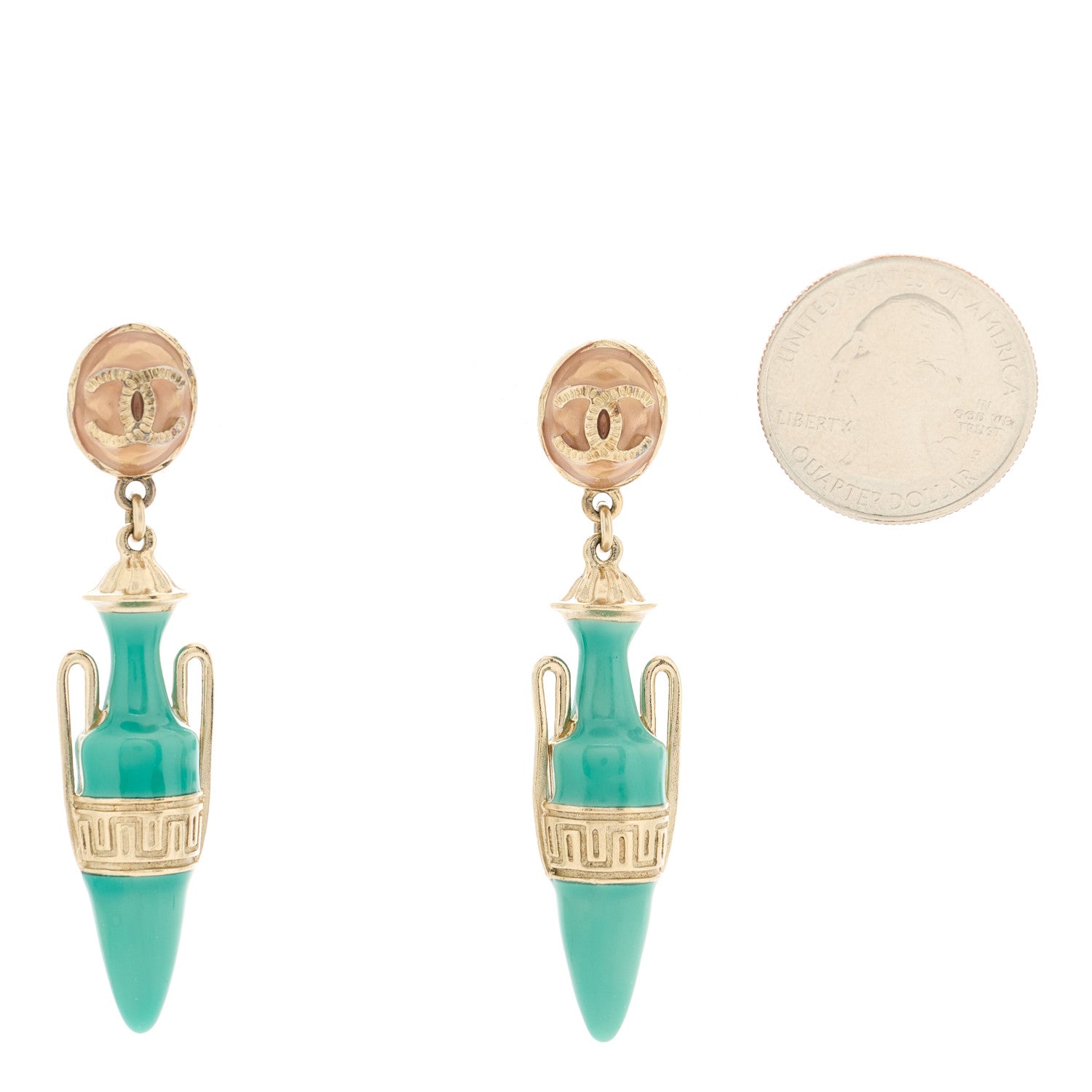 Chanel Metal Resin Ancient Greek Urn Drop Earrings Light Gold Turquoise 2 of 4