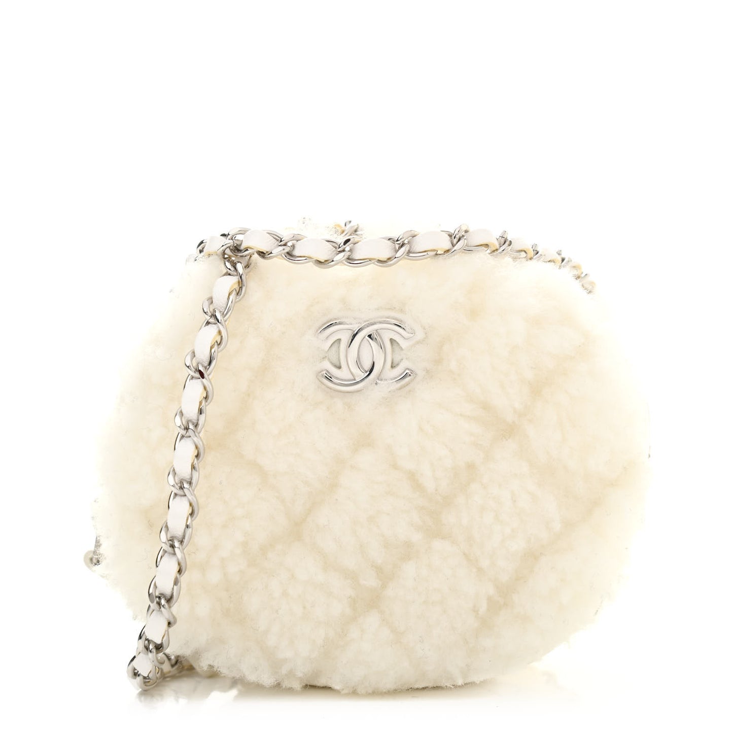Shearling Sheepskin Lambskin Quilted Round Clutch With Chain White