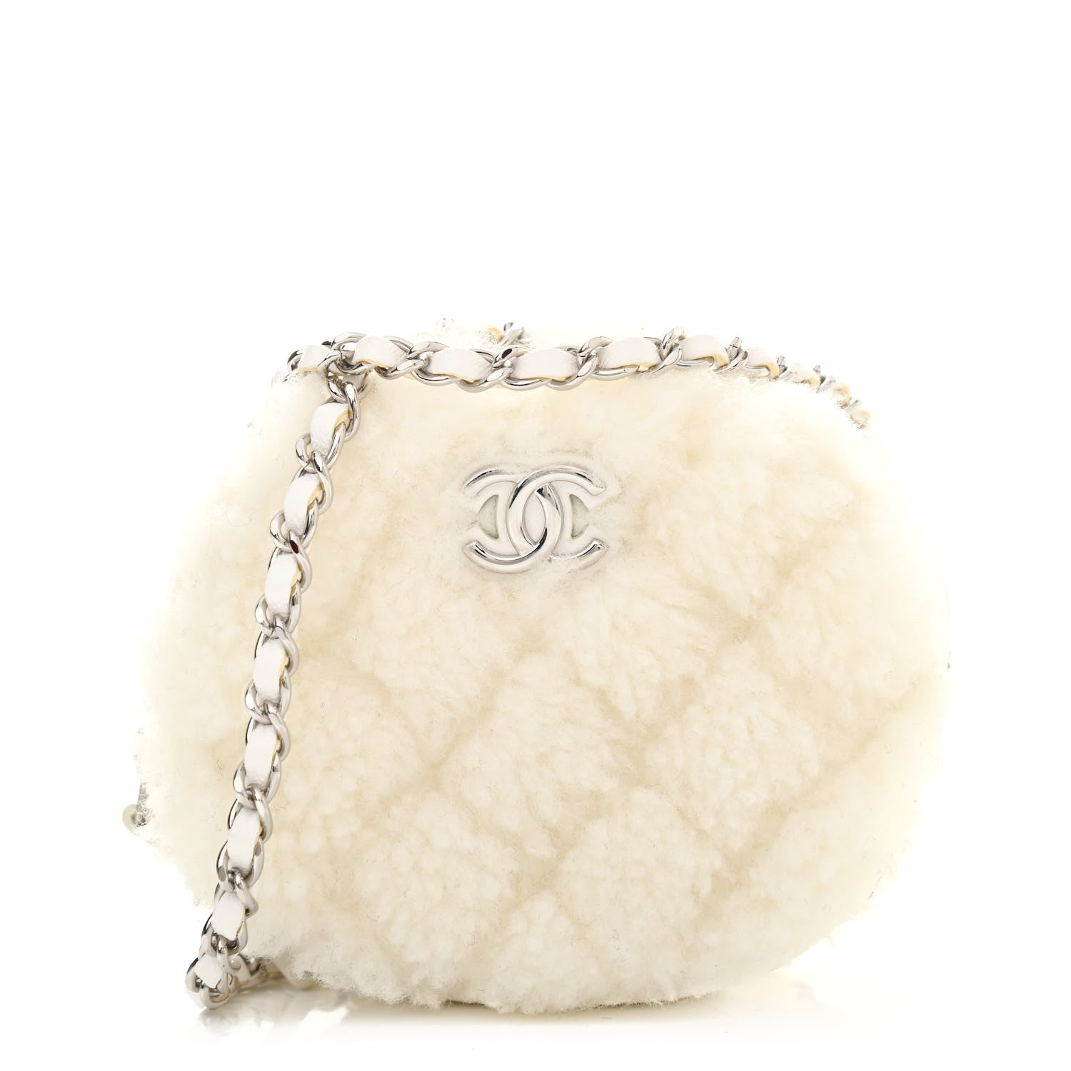 Chanel Shearling Sheepskin Lambskin Quilted Round Clutch With Chain White 1 of 7