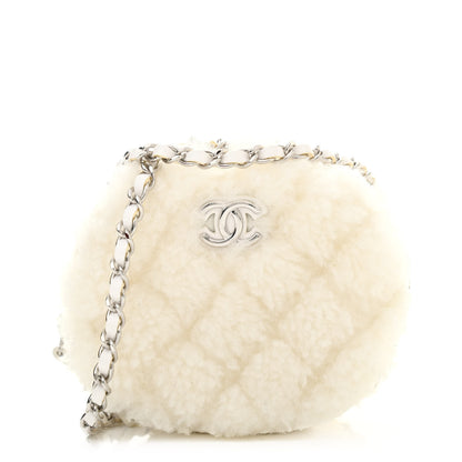 Chanel Shearling Sheepskin Lambskin Quilted Round Clutch With Chain White 1 of 7