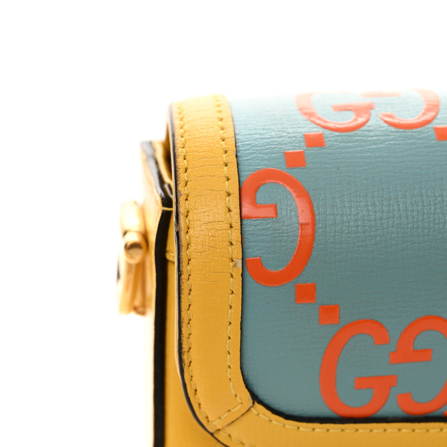 Azalea Calfskin GG Monogram Bi-Color Debossed Mini Horsebit 1955 Shoulder Bag Dusty Azure Stone Topaz Deep Orange