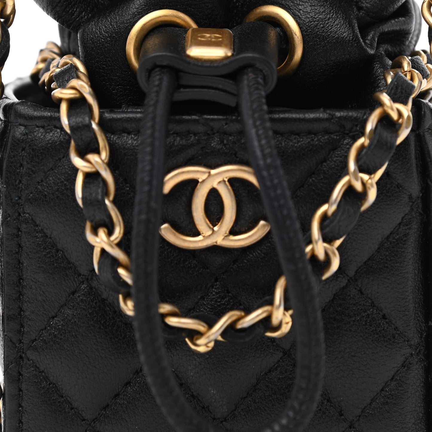 Calfskin Quilted Mini Drawstring Bucket Bag Black