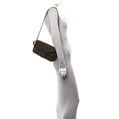 Fendi Fabric Jacquard Paillettes Vitello Seta FF 1974 Baguette Testa di Moro Real Ebano 2 of 10