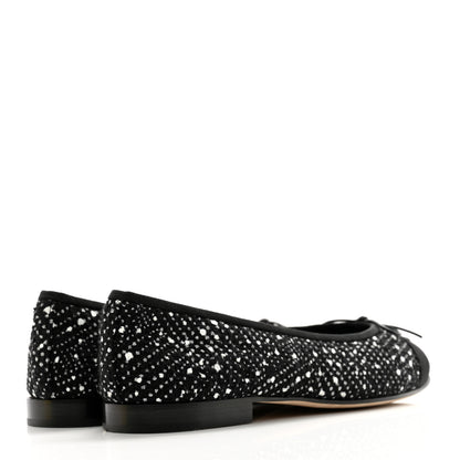 Chanel Cotton Tweed Grosgrain Cap Toe Ballerina Flats 37.5 Black Silver White 4 of 9