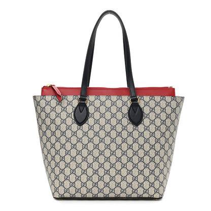 Gucci GG Supreme Monogram Medium Zippered Bucket Tote Beige Blue Hibiscus Red 1 of 11