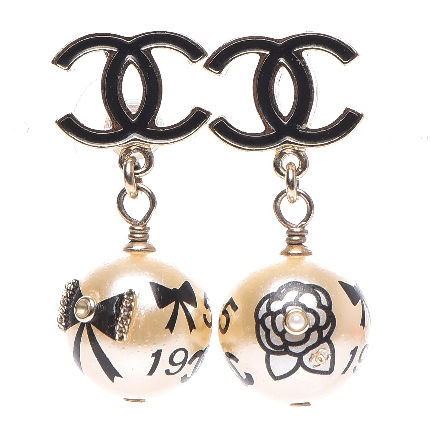 Enamel CC Pearl Dangle Earrings Black Blanc Nacre