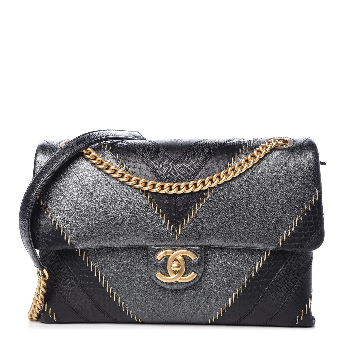 Calfskin Python Patchwork Chevron Medium Flap Black Silver