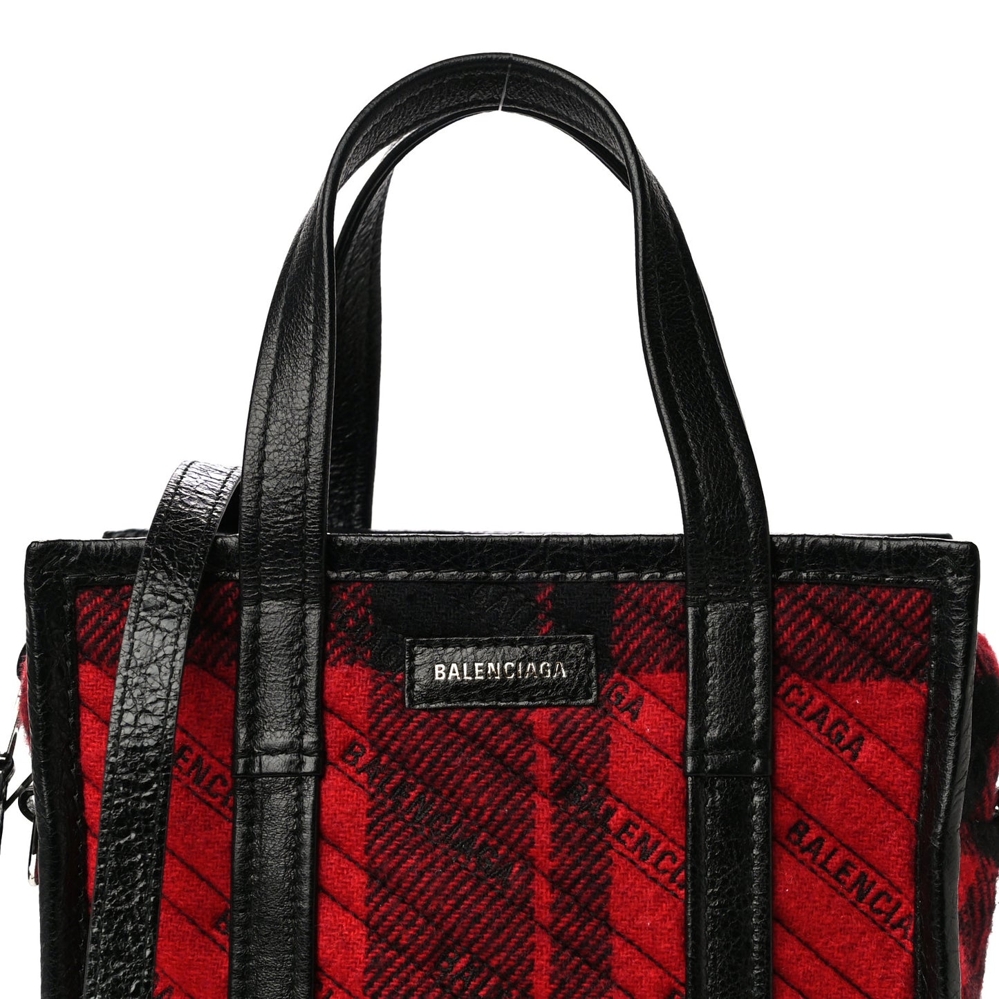 Wool Cuir Arena Plaid Diagonal Allover Logo Matelasse XS Bazar Shopper Tote Red Black