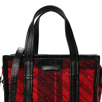 Balenciaga Wool Cuir Arena Plaid Diagonal Allover Logo Matelasse XS Bazar Shopper Tote Red Black 7 of 12