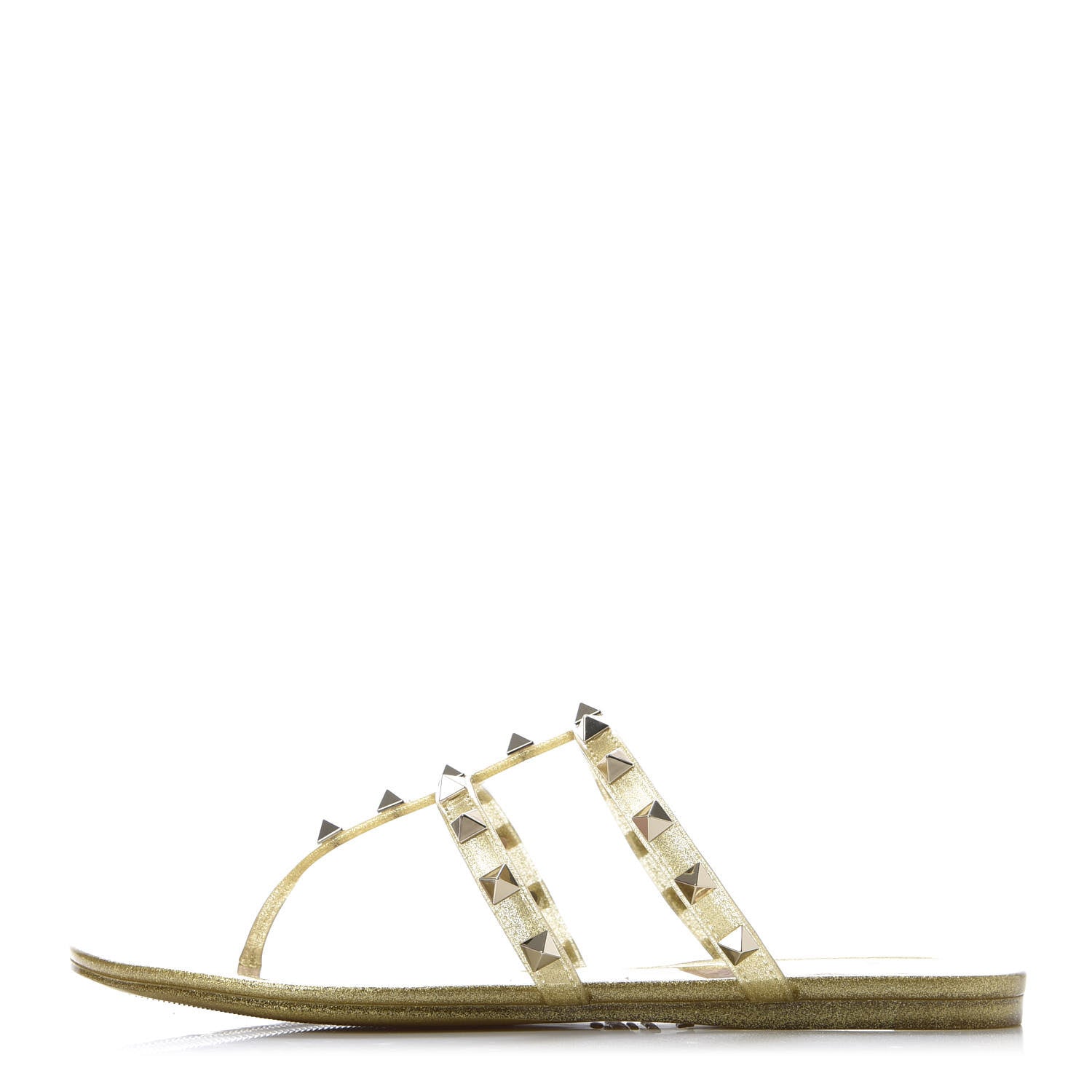 Valentino Garavani PVC Jelly Glitter Rockstud Caged Flat Thong Sandals 37 Oro 1 of 9